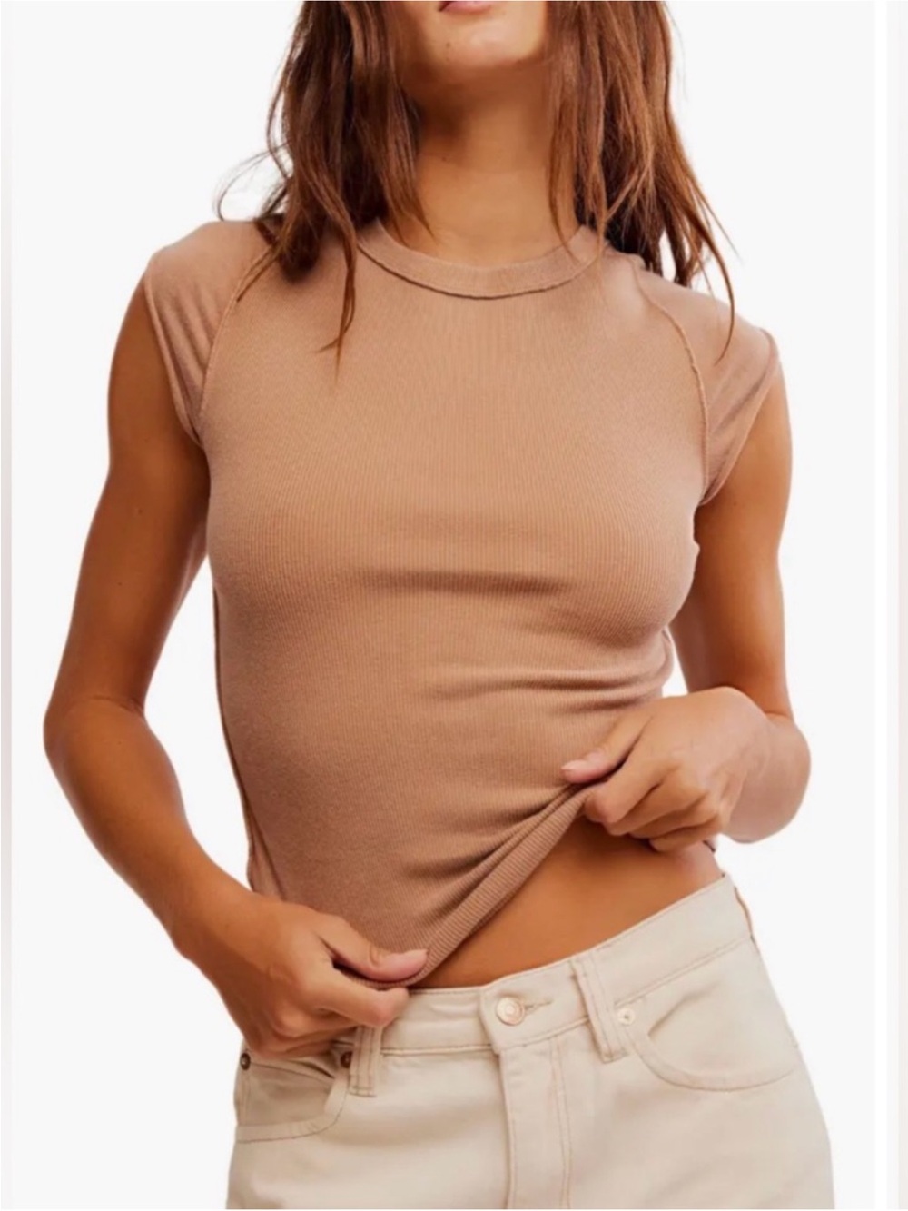 Free People Ribbed Short Sleeve Tee in Camel